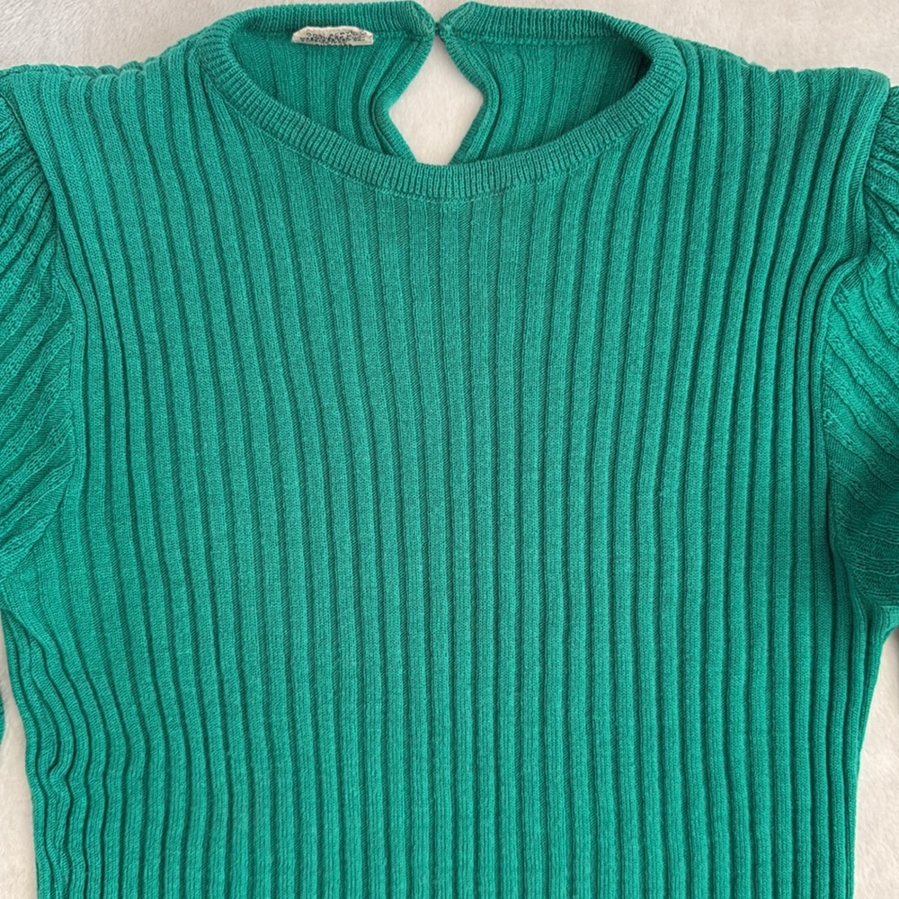 {VTG} Georgie Porgie | 70s/80s Rib Sweater Puff Sleeves Kelly Green (M) - Picture 4 of 16
